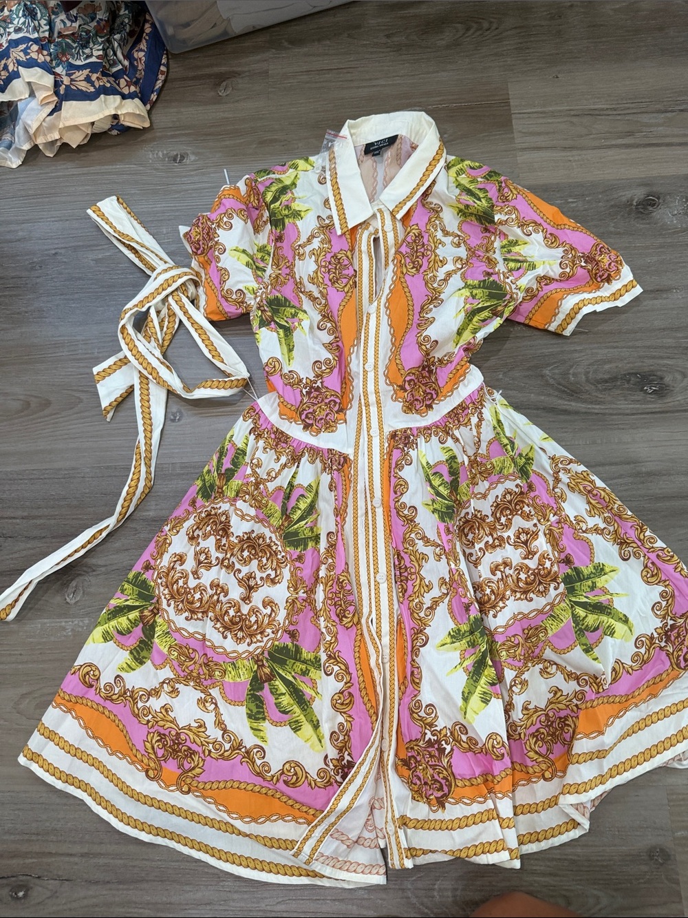 Vici Button-Front Baroque Midi Dress in White, Pink & Orange